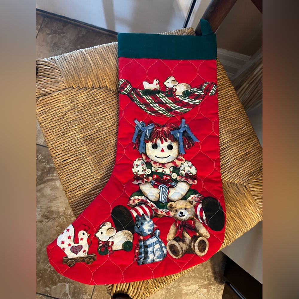 Vintage, handmade quilted Christmas stocking Raggedy Ann doll and teddy bears.
